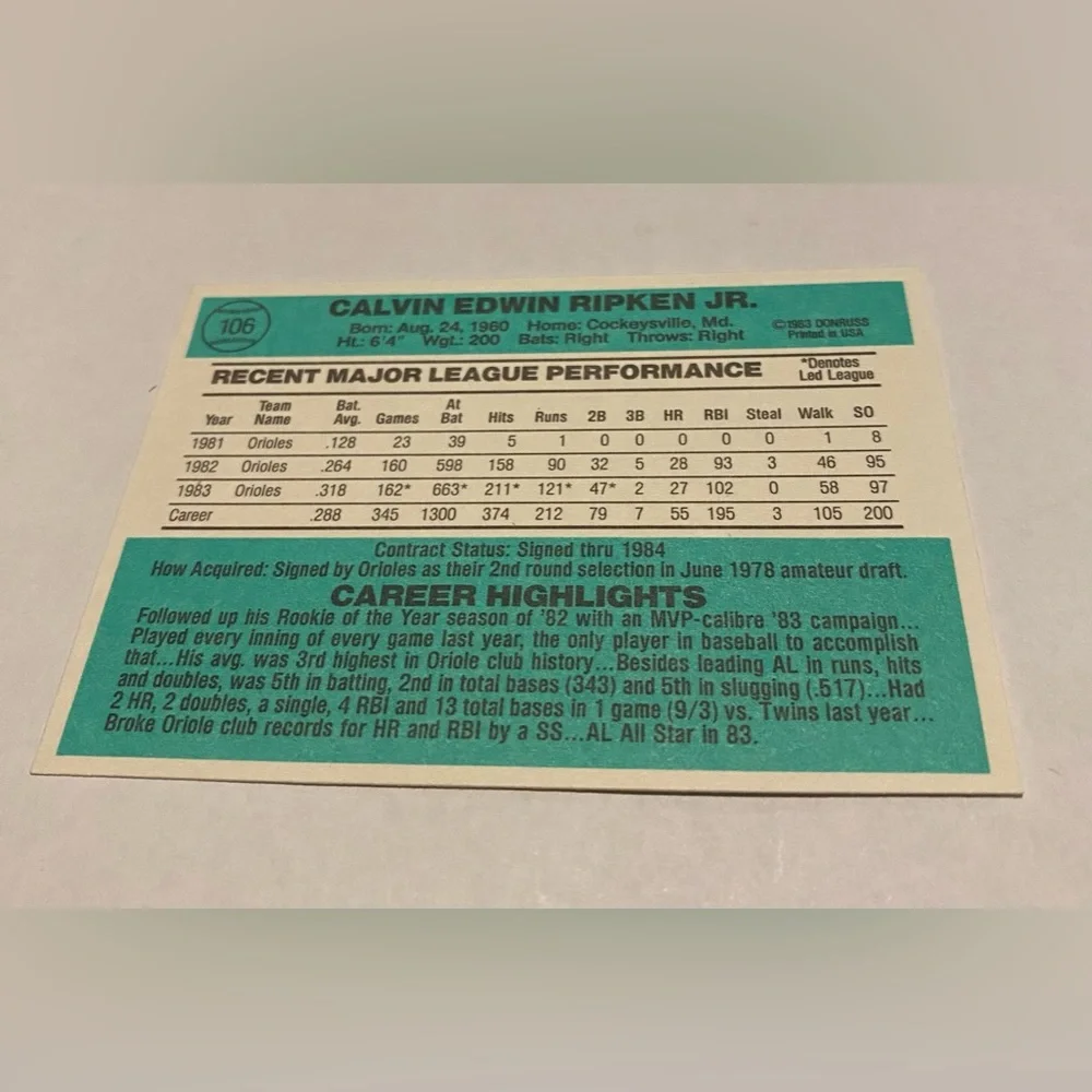 Cal Ripken 1984 Donruss Baseball Card vintage collectible